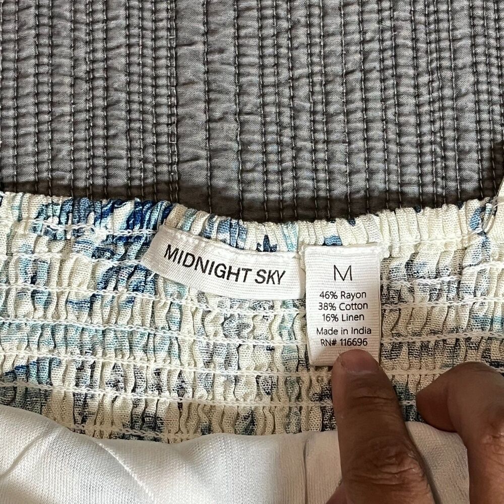 Midnight Sky Linen Blend Nautical Crop Top Blue Ocean‎ Shell Seahorse Print M - Picture 3 of 6